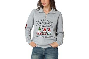 Glimnerize Christmas Womens Hoodie Christmas Gnome Print Sweatshirt 1/4 Zip Standing Collar Funny Graphic Jumper Xmas Long Sleeve S-XXL