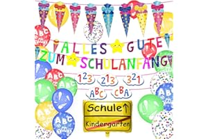 BINXIRUI Einschulung Deko, Schulanfang Mädchen Junge Deko, Alles Gute Zum Schulanfang Girlande + Groß Zuckertüten Banner + Wolkenförmiges Banner mit 123 ABC + Folienballon