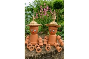 VELENTI Garden Decor Pots - Set Of 2 Clay Garden Ornaments - Terracotta Pot Man Bill and Ben Style - Lovely Outdoor Decor Accessories - Flower Pot Figurines for, Patio, Front Porch