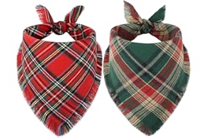 Vivifying Dog Christmas Bandanas, 2Pcs Adjustable Triangle Dog Bandana with Fringed Chequered Print,Dog Christmas Costume for Small Medium Dogs (Large,Green&Red)