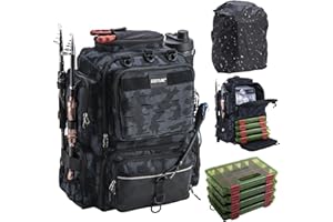 Goture 45 L Sac de pêche Dos Souple et résistant à l'eau, Livré avec Deux Porte-Cannes et Une Housse de Pluie avec Quatre boîtes à appâts et 8 Poches à appâts Cadeaux de pêche pour Hommes