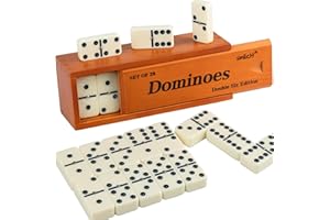 Smilejoy Dominoes Set for Adults, Double 6 Jumbo Domino Set | Traditional Thick Size Double Six Domino Game | 28 Retro Dominos Pieces with Luxury Brown Wood Box (2-4 Players)