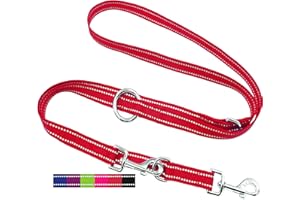 DEY - Premium Hundeleine Nylon 2m | Reflektierend | 3fach Verstellbar | für Kleine, Mittelgroße u. Große Hunde | viele Farben |Doppelleine Hund | Schleppleine | Führ-Leine | Welpenleine | Rot, L