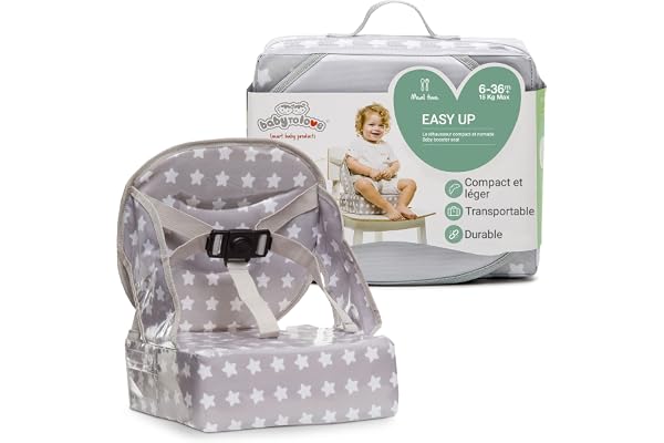 BabyToLove | Rehausseur chaise bébé compact et pliable avec coussin imperméable, harnais 3 points et poignée de transport | White Stars