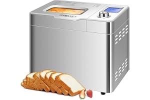 MEYKEY Brotbackautomat, Brotbackautomat Advanced, Edelstahl Brotbackmaschine, Backautomat mit Timer, 25 Backprogramme automatisches Zutatenfach, Sichtfenster, silber