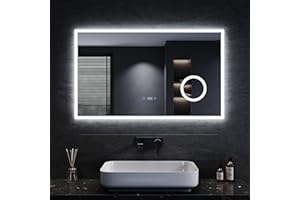 SONNI Lustro łazienkowe z oświetleniem LED, ścienne, z włącznikiem dotykowym, zegarem, temperaturą, 3-krotne powiększenie, 100 x 60 cm