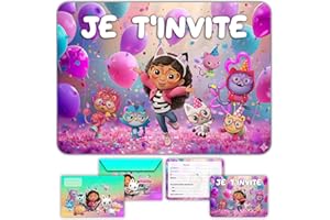 Glowiibo Lot de 12 Cartes Invitation Anniversaire Chat Gabby avec Enveloppes Assorties Gaby Maison Magique- Idéal Enfant Fille - Cartons Préremplis en Français pour Fête ou Goûter d'Anniversaire