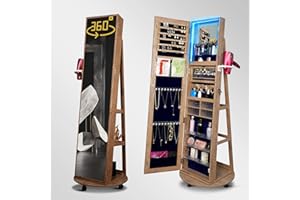 S'BAGNO SBAGNO Brown Jewellery Cabinet with Mirror, Lockable, Full Lenth Mirror with Storage and LED, Large Storage Space, 360°Rotatable, 3 Shelves, Black Velvet Lining