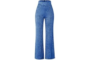 HAOHON Glitzer Hose Damen Schwarz Pailettenhose Weite Hose mit Pailletten High Waist Hose Glitzerhosen Elegant Mesh Freizeithose Frauen Party Festival Club Kostüm Glitzer Hose Silber Gold Weiße Blau