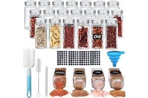 Bibykivn Zestaw 24 słoików na przyprawy, prostokątne, z wkładem do posypywania, pojemniki na przyprawy, szklane pojemniki na przyprawy, pojemniki na przyprawy, przechowywanie z etykietami, lejkiem,