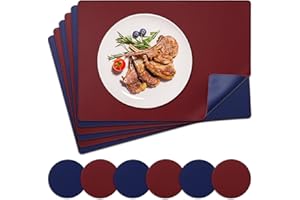 NOSTHEART Tischsets Abwaschbar 6er Set, Platzsets Abwischbar Tischsets Leder Hitzebeständig rutschfest Platzdeckchen mit Untersetzer Rund, Doppelseitigen Mit Randnähten, Königsblau Rot