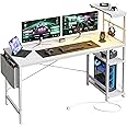 Bestier 155CM Corner Desk with Power Outlets Large Computer Desk with LED Lights Reversible Writing Table with Side Pocket Storage Bag & Accessories Hanger for Home Office