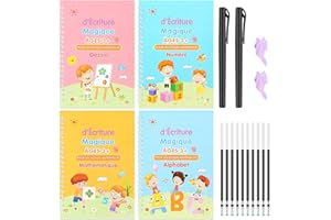 DOMEILLEUR Cahier Écriture Française, sur Dessin Math Alphabet Numéro, Cahier de Calligraphie Réutilisé, 4 Livres de Pratique de l'écriture Magique ( Avec Stylo )