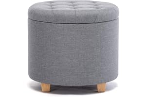 HNNHOME® - Otomana de almacenamiento de lino acolchada redonda de 45 cm, taburete puf con almacenamiento (gris violáceo azulado)