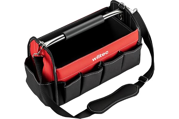Wiltec Sac à outils 14 poches – 40 x 19 x 25 cm – pliant – 600D – avec Bandoulière réglable, Poignée, Poches intérieures et extérieures – Sacoche à outils multi-poches pour outillage