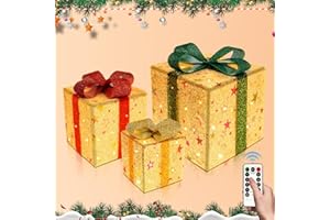 Robofun Juego de 3 Cajas de Regalo Navidad LED, Cajas de Regalo Navidad con Luces con Control Remoto, 8 Modos de Iluminación para Decoración Navideña Exterior e Interior-Plata