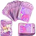 Mylar Foil Ziplock Bags,100Pcs Resealable Smell Proof Food Storage Bags Holographic Packaging Bags Clear Flat Foil Pouch for Home Coffee Beans Outdoor Cookies Jewelry (7.5 * 10cm, Pink)