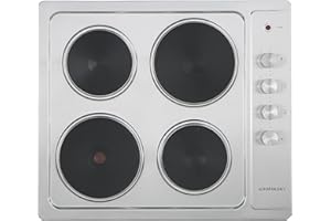 Cookology SEP601SS 60cm Cooktop Solid Plate Electric Hotplate Hob in Stainless Steel - 4 Cooking Zones - Built-in Worktop - 6 Heat Settings - Rotary Dials