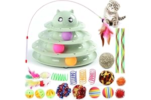 Suhaco 21 Pack Cat Toys for Indoor Cats Interactive Kitten Toy Fun Roller 3 Level Cats Ball Toys with Catnip Ball Self Play Cat Feather Wand Kitty Toy for Boredom (Green)