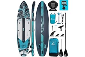 UPWELL Aufblasbares Stand Up Paddle Board 350/340/335/320cm mit SUP-Zubehör Inklusive Rucksack, Reparatursets, Rutschfestes Deck, Kajaksitz, Leine, 3 Flossen, Paddel und Handpumpe