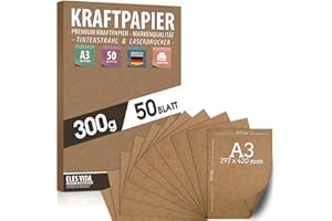 ELES VIDA 50 fogli di carta kraft A3-300 g - 29,7 x 42 cm - Formato ESATTO DIN, carta artigianale di cartone naturale Fogli di cartone kraft per la confezione di carta per regali ed etichette di nozze vintage