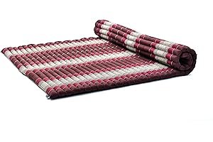 Leewadee Rollable Floor Mat XL – Comfortable and Rollable Thai Mattress, Large Massage Mat Filled with Eco-Friendly Kapok, 190 x 145 cm, brown red