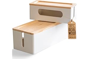 Nature Supplies Set mit 2 Kabelboxen aus Kiefernholz - 1 Klein Kabelbox als Schreibtisch-Organizer, 1 Große Box für den Boden für Kabelorganisation (Weiß)