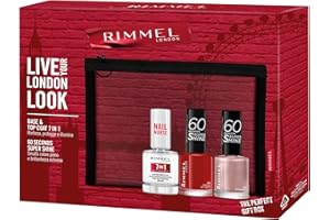 Rimmel London Cofanetto Regalo Live Your London Look, Pochette con Base & Top Coat 7 in 1, Due Smalti 60 Seconds Super Shine 210 Etheral e 315 Queen of Tarts!