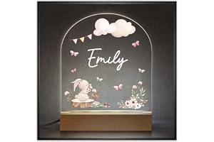 Beecreative Personalised Baby Girl Gifts - Custom LED Nursery Night Light - Girls Rabbit Bedroom Lamp with Childs Name