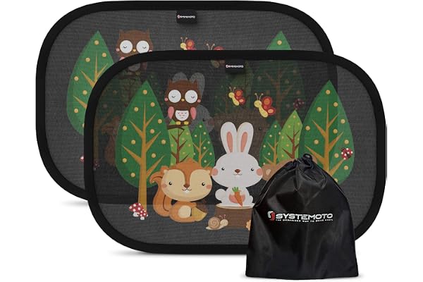 Systemoto Pare Soleil Voiture Bébé avec Protection UV Certifiée (2 pièces) - Pare-Soleil Auto-Adhésifs pour Enfants avec Motifs Animaux Amusants