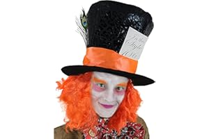 I LOVE FANCY DRESS Mad Hatter Hat Fancy Dress Accessory Hat With Orange Hair and Peacock Feather Crazy Story Book Character Book Week Alice in Wonderland