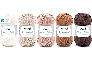 Gründl Wolle Cotton Quick uni - dünne Wolle zum Häkeln - Strickgarn - Häkelgarn - Glänzend und hautfreundlich - 100% Baumwolle - 5 Knäuel 50 g / 125 m - Nadelstärke 3-4 - Weiß-Beige-Braun-Mix