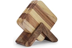 Ajuny Dessous de Verre en Bois avec Support – Lot de 4 sous-Verres Carrés 10x10 cm Antidérapants, Protection de Table pour Tasses à Café, Thé et Verres, Idéal pour Bar, Cuisine, Salon, Bureau