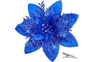 MIKAILE 20 Pezzi Fiori di Natale Artificiali con Clip, Fiori Poinsettia Glitter per Albero di Natale Ghirlanda Decorazioni Natalizie Casa (Blu)
