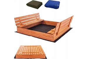 SUNWOOD Premium Sandkasten 140x140 cm Imprägniert inkl. Video Anleitung für Montage Sandbox mit Abdeckung Sitzbänken Deckel Plane Sandkiste, Holz Sandkastenvlies 150x150 XXL