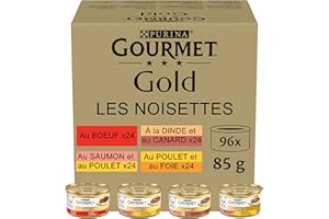 GOURMET Gold Bocaditos en Salsa, Comida Húmeda para Gato Adulto, Trocitos en Salsa, Surtido de Buey, Salmón y Pollo, Pavo y Pato y Pollo e Hígado, 96 latas