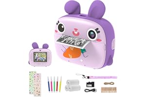 CAMCLID aparat natychmiastowy, aparat dziecięcy, 3 rolki papieru termicznego i karty SD 32 G, aparat cyfrowy i kamera wideo z ekranem 2,4", prezent dla dziewcząt i chłopców (fioletowy)