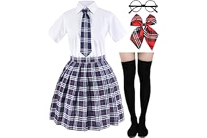 Elibelle Japanese Tartan Pleated School Uniform Cosplay Costumes with Socks Eyeglass Frame Set