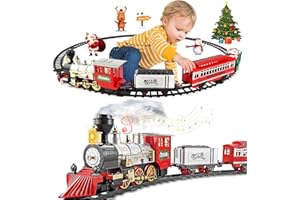 BUOAZR Train Electrique Noël, Jouet De Train Électrique À Vapeur pour Les Enfants avec 4 Wagons et Rails, Lumières & Sons, avec Boîte-Cadeau, Meilleure décoration de Noël