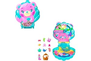 Polly Pocket - Cofanetto Magici Glitter, set portatile a forma di conchiglia con una microbambola sirena, cuccioli marini e 11 accessori a tema inclusi, giocattolo per bambini, 4+ anni, JCB16