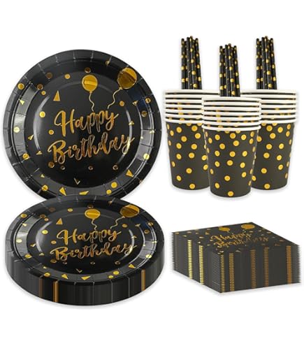 BOKFJBP Set van 80 stuks verjaardagsfeestservies, zwarte gouden ballon voor kinderen, herbruikbaar, papieren borden, servetten, kopjes, rietjes voor