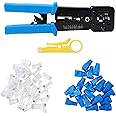 knoweasy Crimp Tool Kit,Knoweasy Pass Through Cat5 Cat5e Cat6 Crimping Tool for Regular and End-Pass-Through connectors with 50PCS Connectors, 50PCS Covers with and Network Wire Stripper