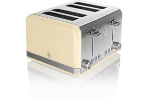 Swan ST19020CN Retro 4-Slice Toaster with Defost/Reheat/Cancle Functions, Cord Storage, 1600W, Retro Cream