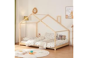 [en.casa] Letto a Forma di Casetta per Cameretta Con Comignolo - Piazza e Mezza per Bambini Stile Montessori - Struttura in Legno di Pino 120 x 200 cm Naturale