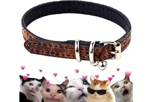 FAVPET Collar de Gato de Cuero Genuino, Collar de Gato con Campana, Collar de Gato Clásico, Collar de Gato Hecho a Mano, Collar de Gato Ajustable, Collar de Gatito, Collares de Gato de Cuero (Marrón)