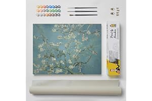 DonElton Dipingi con i numeri per adulti ispirato a Vincent van Gogh - Dipingi con i numeri con pennelli e colori - Tela con disegni da dipingere - Senza cornice (Ramo di mandorlo fiorito)