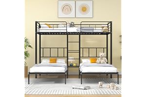 Moimhear Letto a tre piazze, triplo letto a castello con scala per bambini e ragazzi, letto in ferro con griglia anticaduta e tavolo, nero (90 x 200 cm*3) (30544849SAA)