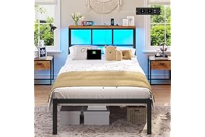 ‎BRINLAWB Brinlawb Bett 90x200 mit Lattenrost aus Metall, Bettgestell 90x200 cm mit LED Beleuchtung, Metallbett 90x200 mit Kopfteil und Ladestation(2 AC-Steckdosen,2 USB-Anschlüsse) Jugendbett 90x200 einzelbett