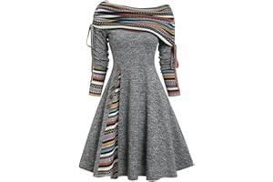 JKJFJKA Weihnachten Schulterfrei Kleider für Damen Vintage Druck Patchwork A-Linie Kleid Lässig Locker Fließend Swing Cocktail Party Abschlussball Kleider Weihnachten Maxi Kleid für Damen