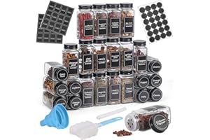 LUXECOVE Barattolo per spezie Set da 24 pezzi, barattolo per spezie in vetro con coperchio, barattoli spezie per cucina,bottiglia per spezie da cucina con etichetta, pennello, imbuto e tre fori di uscita